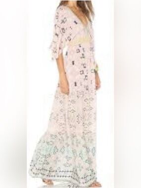 Hemant Nandita Floral Print Maxi Dress Vneck Sequince Tassels Kimono Sleeves